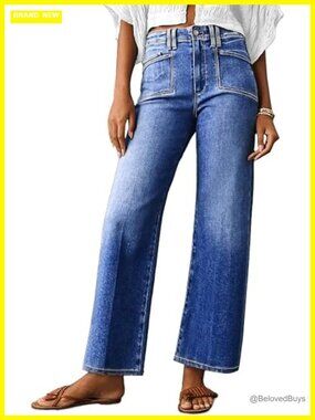 High Waisted Wide Leg Stretchy Button Denim Jeans with Pockets